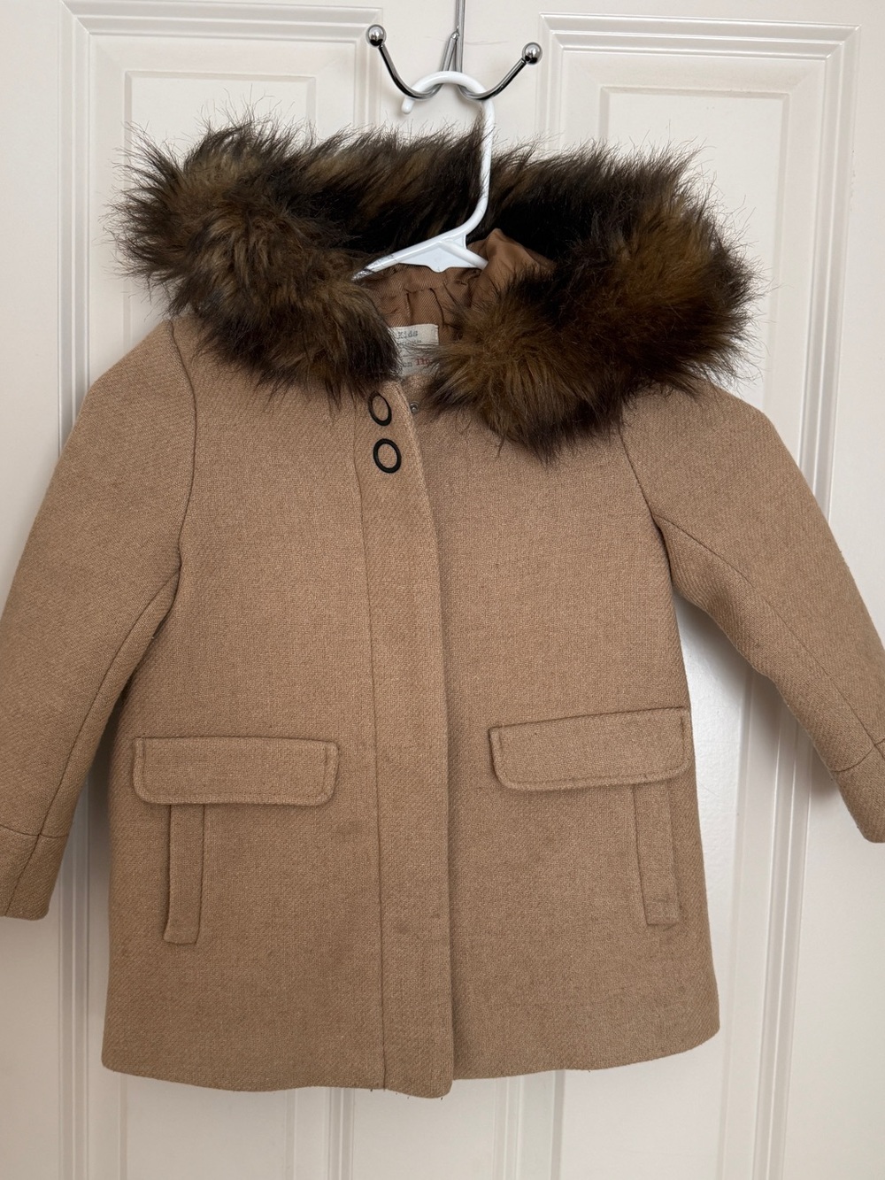 Zara Kids Tan Hooded Coat with Faux Fur Trim